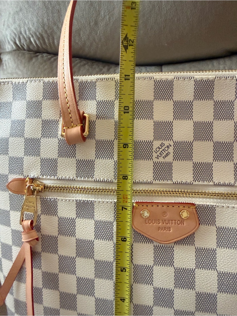 Cream and Gray Damier Azur Canvas Tote with Natural Leather Trim - Picture 12 of 13